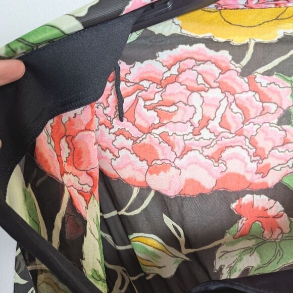 Vintage 70s Sheer Floral Womens Peplum top Blouse Black Orange Pink Yellow L/XL - Picture 6 of 7